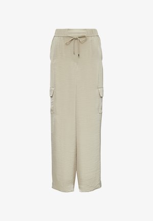 Pantalons cargo beige avec une taille élastique et un cordon de serrage réglable. Comprend deux poches latérales et un tissu doux et texturé.