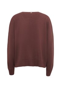 Maglione color vino, vestibilità ampia, orlo e polsini a costine, texture morbida, scollatura ampia, senza loghi o decorazioni visibili.