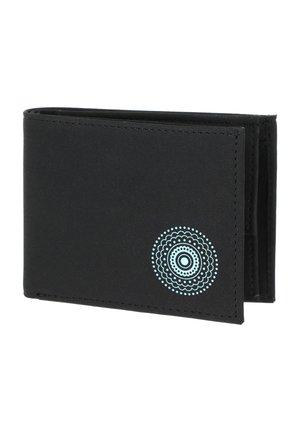 Black bi-fold wallet with a light blue circular mandala pattern on the lower right corner against a white background.