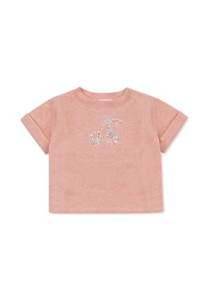 Korte mouw, roze katoenen t-shirt met een ronde halslijn. Heeft een geborduurd kersenmotief met bloemenpatronen op de kersen.