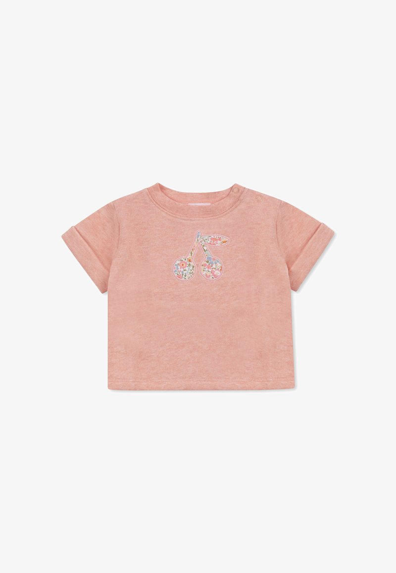 Korte mouw, roze katoenen t-shirt met een ronde halslijn. Heeft een geborduurd kersenmotief met bloemenpatronen op de kersen.