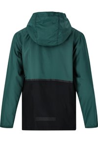 Veste légère verte et noire avec une capuche, présentant un tissu texturé, une bande noire au milieu et un accent logo.
