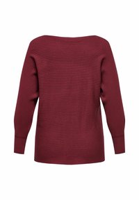 Hladký svetr s dlouhým rukávem v tmavě burgundské barvě, s off-the-shoulder výstřihem, volným střihem a širokými manžetami.