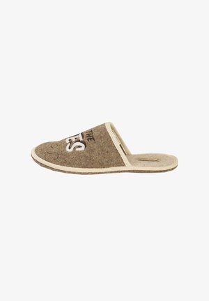 Brown felt slip-on slippers with a light beige trim, featuring embroidered white text and a rounded toe design. Soft, textured material.