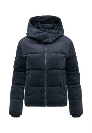 Puffy dark blue jacket with a high collar, hood, front zipper, and side pockets. Made of soft fabric with a smooth texture and quilted pattern.