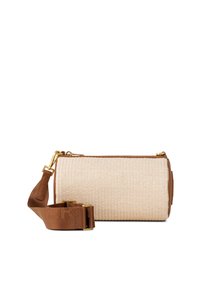 Round bag with a woven beige body, brown leather accents, and a detachable brown strap. Features gold-tone hardware and a zip closure.