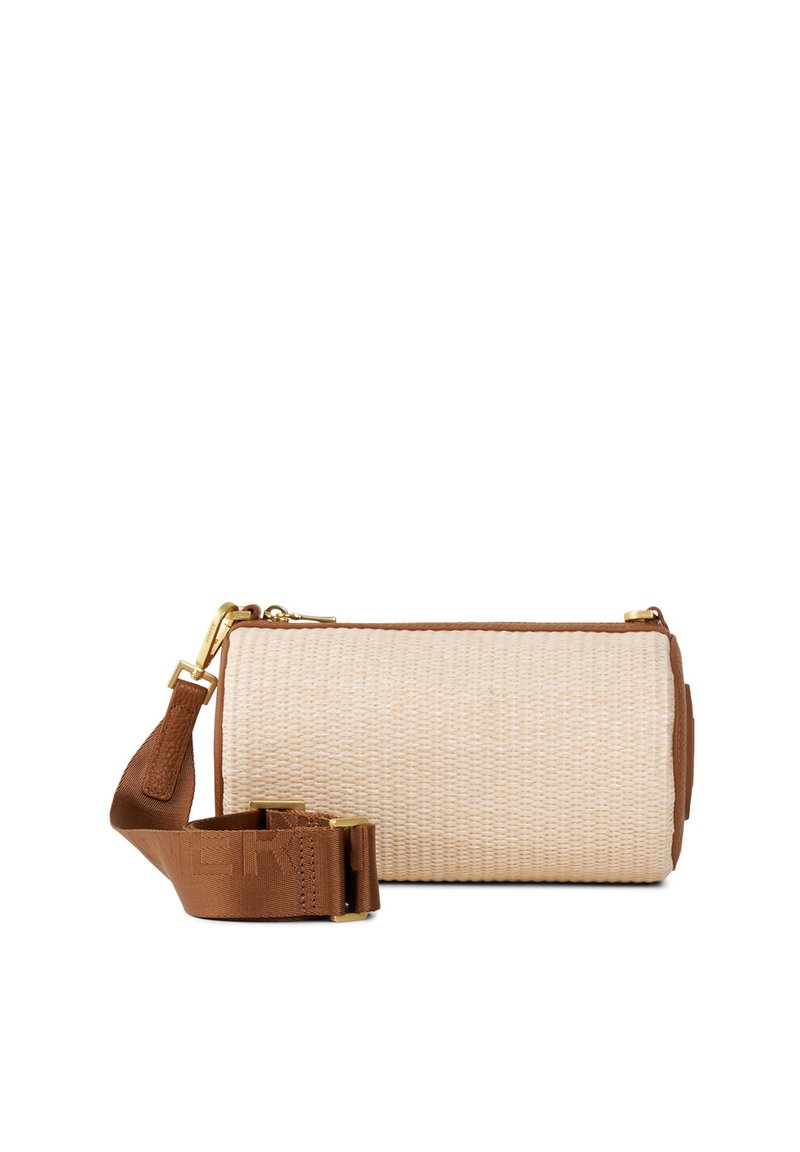 Round bag with a woven beige body, brown leather accents, and a detachable brown strap. Features gold-tone hardware and a zip closure.
