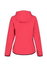 Rosa wasserdichte Jacke mit Kapuze, glatter Textur, taillierter Passform und kontrastierenden schwarzen Akzenten entlang der Ärmel und dem Saum.