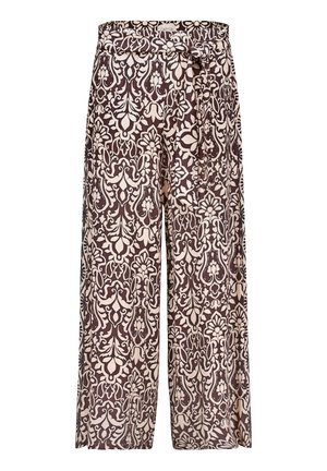 Pantalon à jambes larges avec motifs floraux et de vigne complexes beige et marron foncé, avec taille haute et ceinture assortie en tissu.