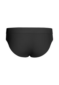 Black swim briefs with a smooth, stretchy fabric. Features a low-rise cut and a wide waistband for secure fit, minimal detailing.