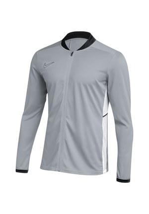 Hellgraue Nike Jacke mit durchgehendem Frontreißverschluss, schwarzem Kragen und Bündchen sowie weißen Mesh-Seitenteilen.