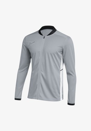 Hellgraue Nike Jacke mit durchgehendem Frontreißverschluss, schwarzem Kragen und Bündchen sowie weißen Mesh-Seitenteilen.