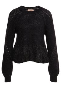 Jersey negro de punto con un acabado texturizado, que presenta un escote redondo, mangas largas tipo raglán y un dobladillo ligeramente recortado. Se aprecian acentos brillantes.