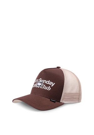 Brown and beige mesh baseball cap with "Lazy Sunday Coffee Club" text and coffee cup graphic on front, angled view on white background.
