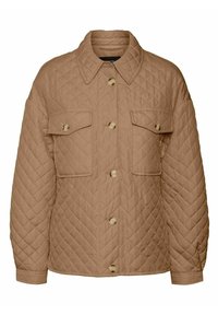 Chaqueta beige acolchada con cuello con solapa, dos bolsillos delanteros con solapas y cierre de botones en la parte delantera. Tejido suave y texturizado.