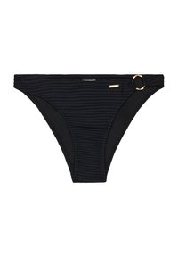 Czarny dół bikini o prążkowanej fakturze, z akcentem w postaci złotego pierścienia po jednej stronie i subtelną metką z logo na pasku.