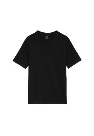 Svart T-shirt i bomull, med en klassisk rund halsringning, korta ärmar och rak nederkant. Ingen mönster eller grafik finns.