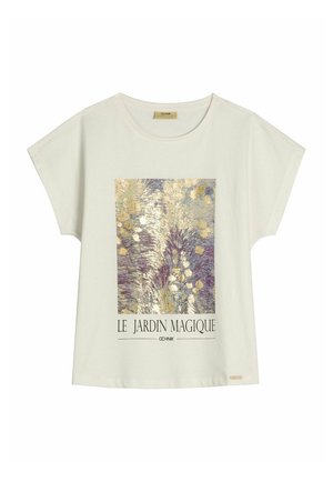 Biała koszula z krótkim rękawem z kolorowym, abstrakcyjnym motywem kwiatowym i napisem "Le Jardin Magique" na przodzie.