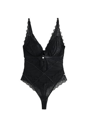 Zwarte kanten bodysuit met verstelbare bandjes, bloemenpatronen, gaasvlakken en geschulpte randen, ontworpen voor een aansluitende pasvorm.