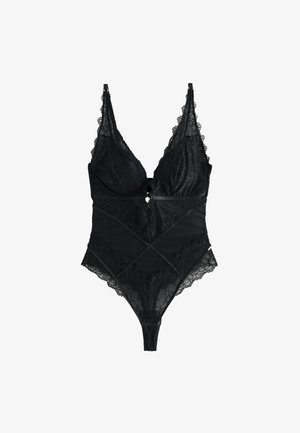 Čierne čipkované body s nastaviteľnými ramienkami, kvetinovými vzormi, sieťovanými panelmi a vlnitými okrajmi, navrhnuté pre priliehavý strih.