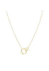 Collana con pendente d'oro che presenta elementi circolari intrecciati su una fine catena, evidenziando una finitura liscia e lucida e una forma elegante.
