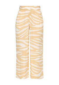 Gele en witte gestreepte wijde broek met een elastische tailleband. Gemaakt van lichtgewicht stof, met een vloeiende uitstraling en een soepele textuur.