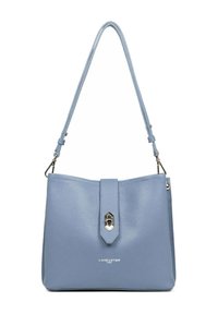 Borsa a mano in pelle blu chiaro con forma strutturata, dotata di un pattina centrale e hardware in metallo. Inclusa una tracolla regolabile.