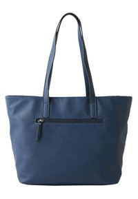 Blauwe leren tote bag met een gladde textuur, twee lange handvatten, een ritsvak aan de voorkant en een minimalistisch ontwerp.