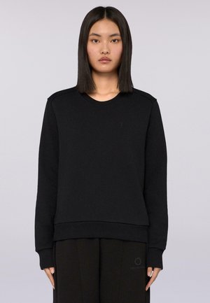 Zwarte sweatshirt, zachte stof, ronde halslijn, lange mouwen met geribde boorden, minimalistisch ontwerp, subtiele merkdetail op de borst.
