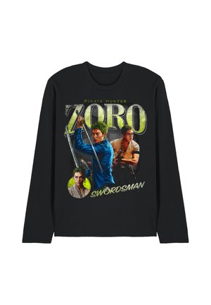 Black long-sleeve shirt featuring three images of a swordsman with green hair, holding swords, and text "Pirate Hunter Zoro Swordsman."
