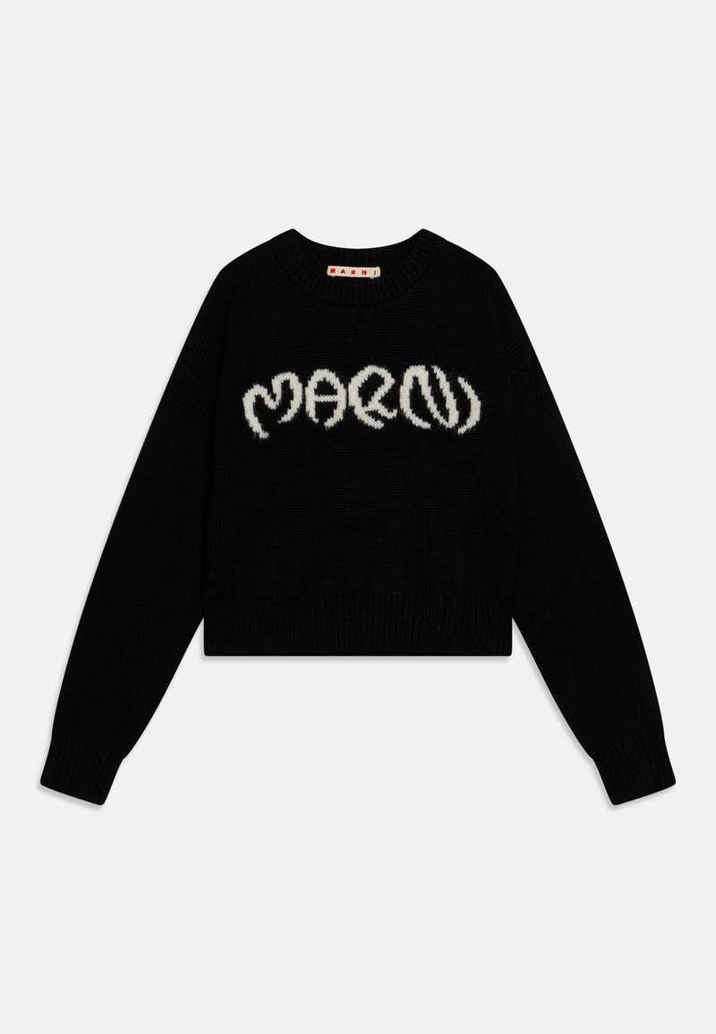Schwarzer, kurzer Pullover aus Strickstoff mit dem weißen "Marni"-Logo in einer stilisierten Schriftart auf der Vorderseite. Gerippte Bündchen und Saum.