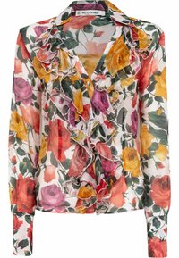 Blusa floreale con parte anteriore arricciata, maniche lunghe e bottoni. I colori includono rosso, rosa, arancione e verde su uno sfondo chiaro.