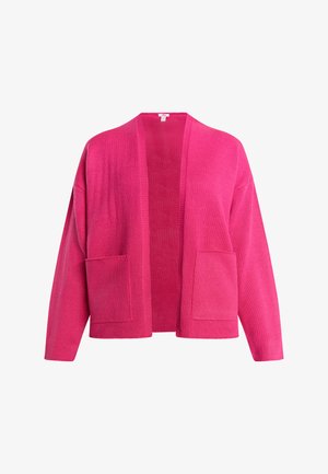 Erkki heledat roosa lahtise esiseguga kardigan, valmistatud tekstureeritud kudumstoffist, millel on pikad varrukad ja kaks eesmist taskut. Lihtne, mugav lõige.