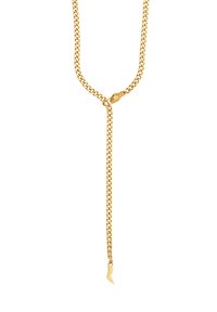 Kulta ketju kaulaketju, jossa on paksu linkkimuotoilu, ja sen varressa on käärmeennäköinen koriste sekä kapeneva pää, joka heijastaa valoa kiiltävän pinnan ansiosta.