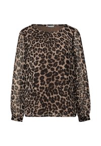 Bluzka w panterkę w kolorach brązowym i beżowym, wykonana z lekkiego materiału, z długimi rękawami, okrągłym dekoltem i luźnym krojem.