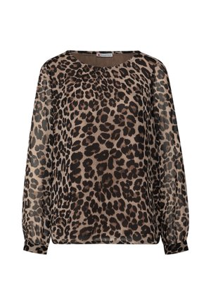 Luipaardprint blouse in bruin en beige, gemaakt van lichtgewicht materiaal, met lange mouwen, een ronde halslijn en een relaxte pasvorm.