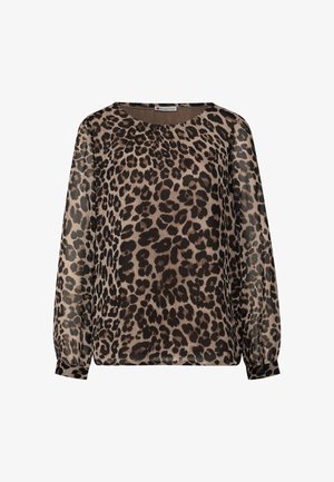 Bluse med leopardprint i brun og beige, lavet af let materiale, med lange ærmer, rund halsudskæring og afslappet pasform.