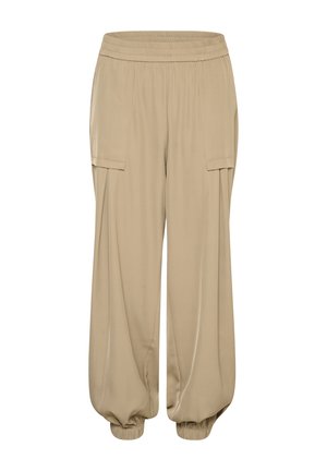 Beige széles lábú nadrág rugalmas derékkal, két oldalsó zsebbel és ráncolt mandzsettával, puha, sima anyagból készült.