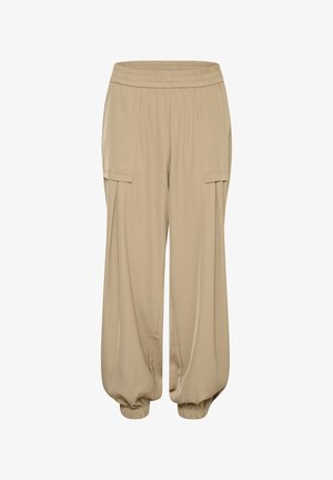 Beige széles lábú nadrág rugalmas derékkal, két oldalsó zsebbel és ráncolt mandzsettával, puha, sima anyagból készült.