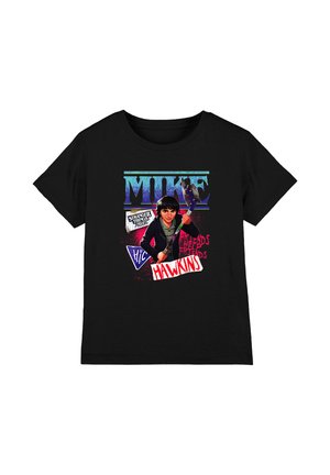 Black t-shirt with graphic of Mike from Stranger Things holding a slingshot, with "Mike," "Hawkins," and related text around him.