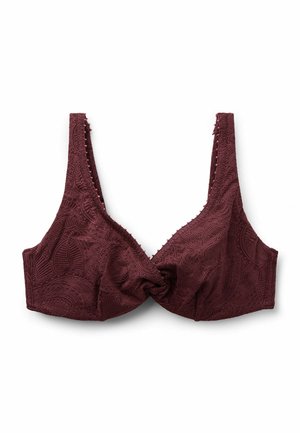 Sujetador de encaje burdeos con patrón de cachemira, copas moldeadas y tirantes anchos, diseñado para ofrecer soporte y comodidad.