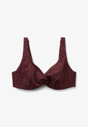 Bordeaux kanten bh met paisley patroon, voorgevormde cups en brede bandjes, ontworpen voor steun en comfort.