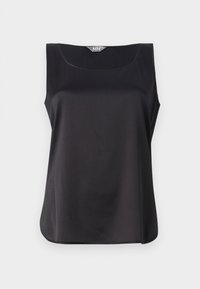 Black sleeveless top with a rounded neckline, smooth satin texture, and a loose fit. Features a subtle hem and minimalistic design.
