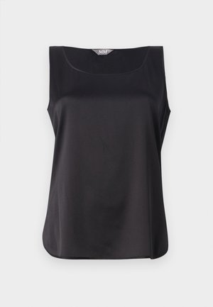 Zwarte mouwloze top met een ronde halslijn, een zachte satijnen textuur en een losse pasvorm. Heeft een subtiele zoom en een minimalistisch ontwerp.