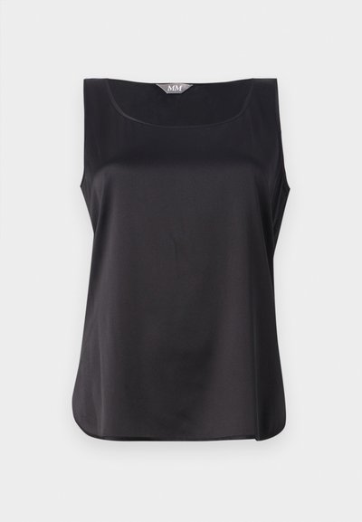 Top senza maniche nero con scollo rotondo, texture in satin liscio e vestibilità ampia. Presenta un orlo sottile e un design minimalista.