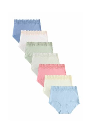 Seven women's high-waist underwear in blue, white, green, pink, and cream colors with lace waistbands arranged in a diagonal line.