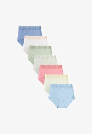 Sept culottes taille haute pour femmes en bleu, blanc, vert, rose et crème avec des ceintures en dentelle disposées en ligne diagonale.