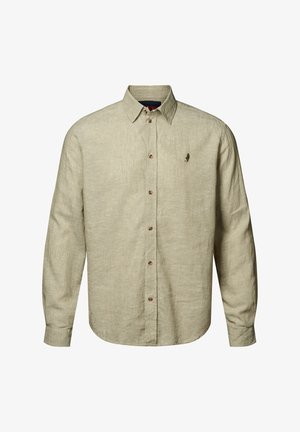 Jasno beżowa koszula z długim rękawem wykonana z fakturowanego lnu. Posiada kołnierzyk zapinany na guziki i brązowe guziki, z małym zielonym logo na klatce piersiowej.