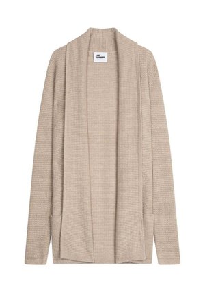 Beige cashmere cardigan with an open front, long sleeves, and two front pockets. Textured fabric with a subtle pattern throughout.