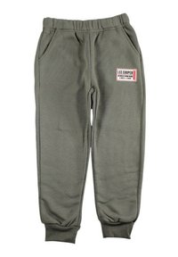 Pantalon de survêtement vert en tissu doux et texturé, avec une ceinture élastique, des poches latérales et un patch de la marque Lee Cooper. Bordé aux chevilles.